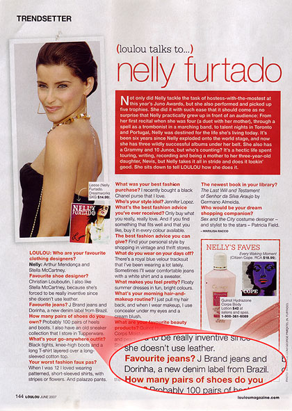 Nelly Furtado in LOULOU magazine mentions Dorinha Jeans Wear as a favorite pant